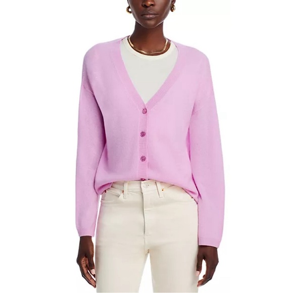 C by Bloomingdale’s Cashmere V-neck‎ Cardigan Sweater Rose Quartz Pink MEDIUM - Picture 1 of 9
